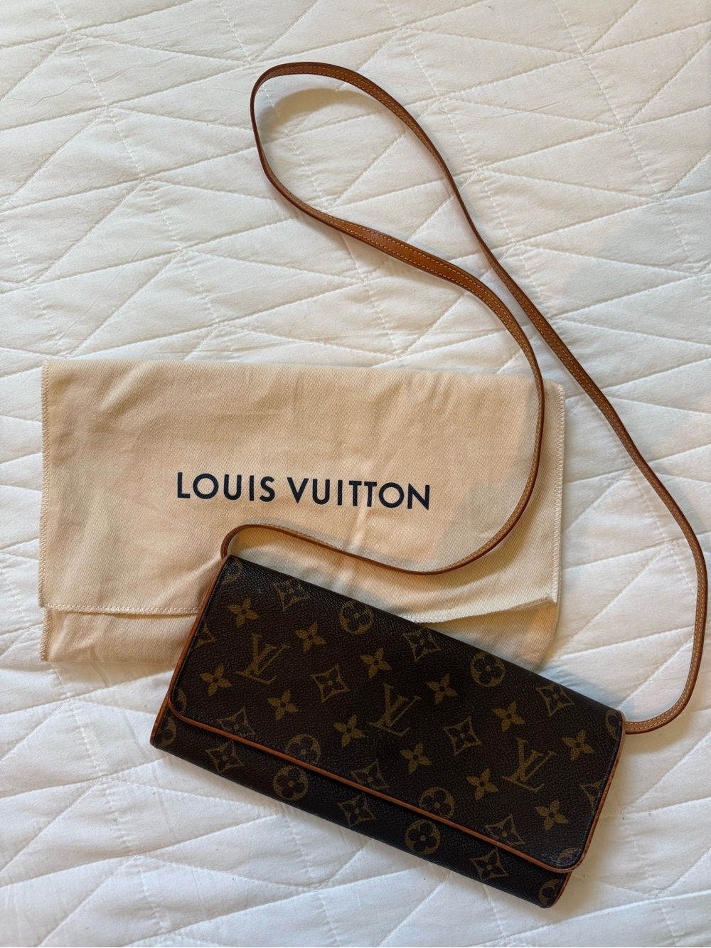 Louis Vuitton Monogram Pochette Twin PM Crossbody Wallet in Brown and Tan